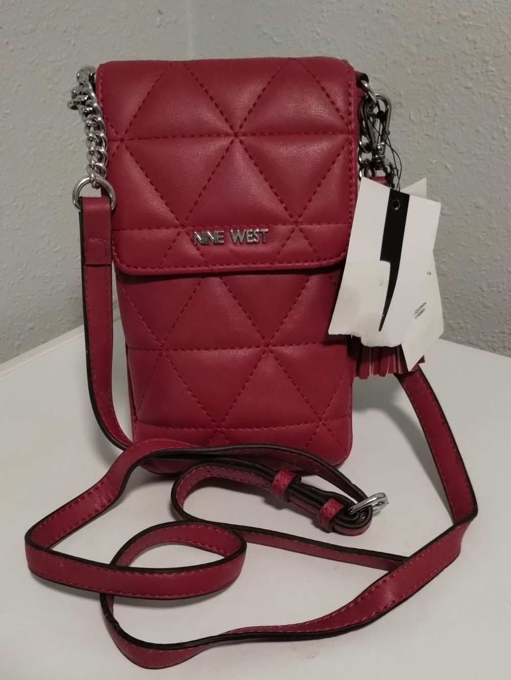 Nine West Red Quilted Crossbody Phone Pouch with Chain Accent